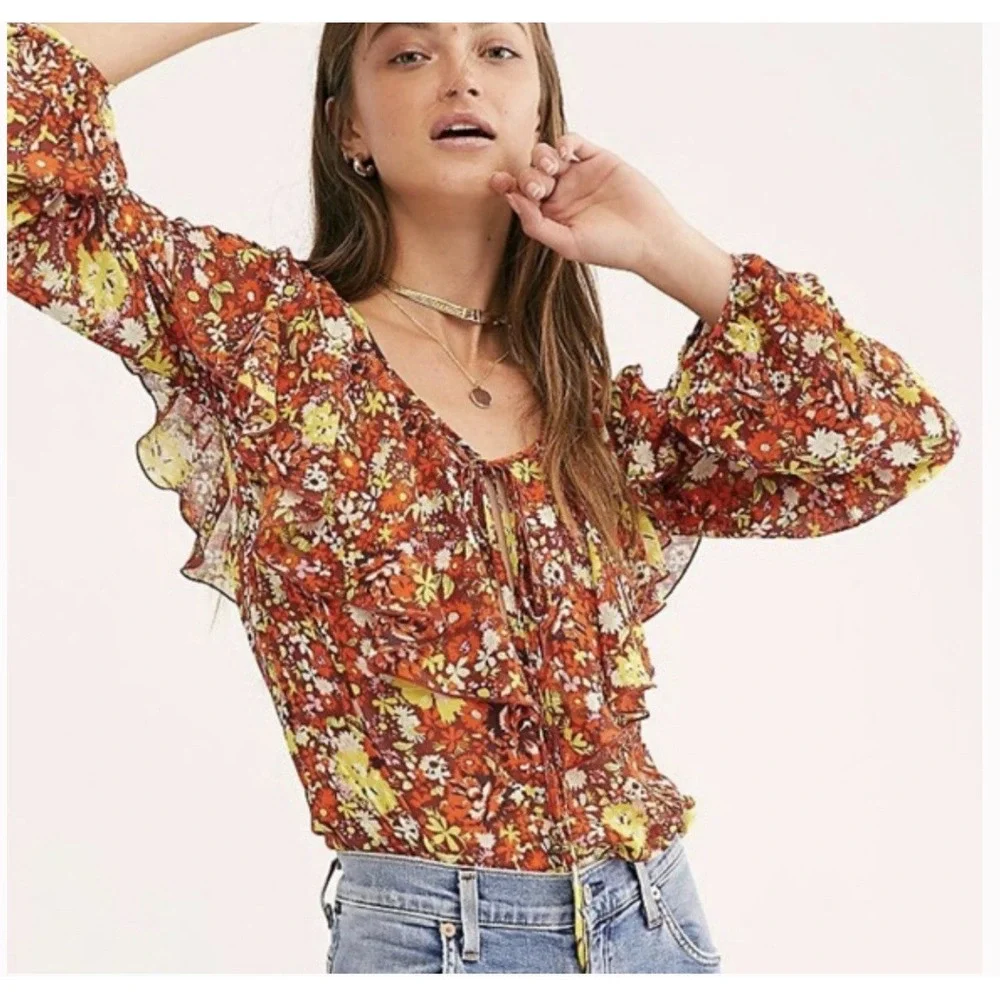 NWOT Free People Say It To Me Bodysuit‎ Sz Large Red Sienna Floral Long Sleeve